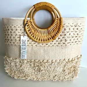 New! Rattan look Woven Tote Bag w wooden Ring handle. Length 13 “Width 18 “